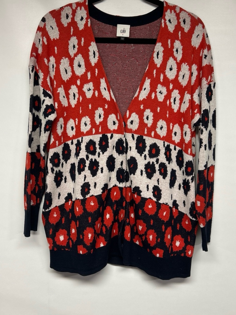 CAbi red, black & cream floral jacquard V-neck cardigan
